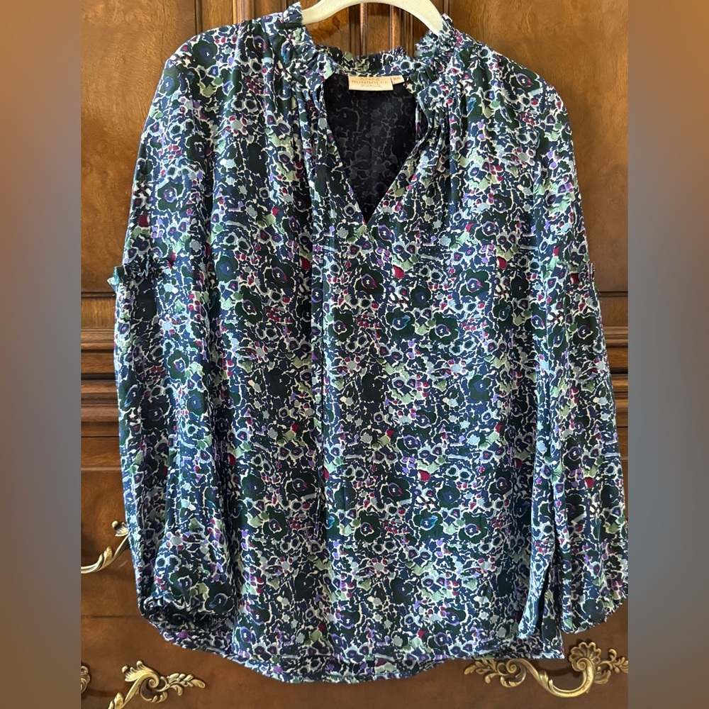 100% silk floral blouse with a smocked neck collar